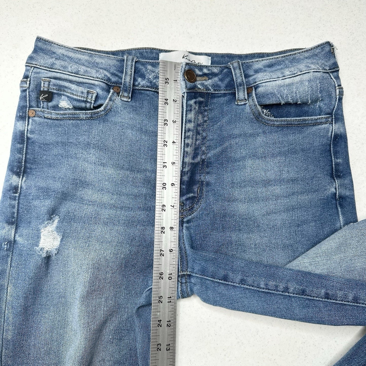 Kancan Jeans Womens 9 28 High Rise Flare Blue Denim Distressed Festival Cowboy