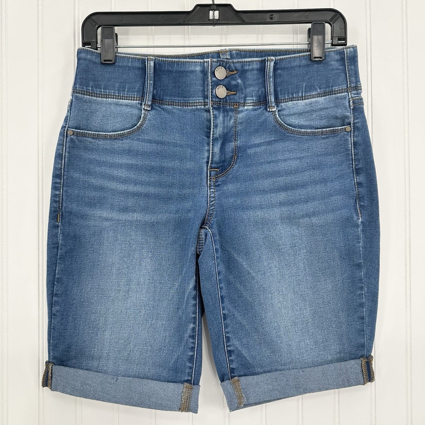 Apt 9 Shorts Womens 6 Bermuda Tummy Control Blue Jean Denim Comfort Cuffed EUC