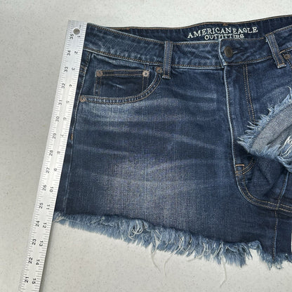American Eagle Shorts 12 Vintage Hi Rise Festival Shortie Blue Denim Fringe Fray