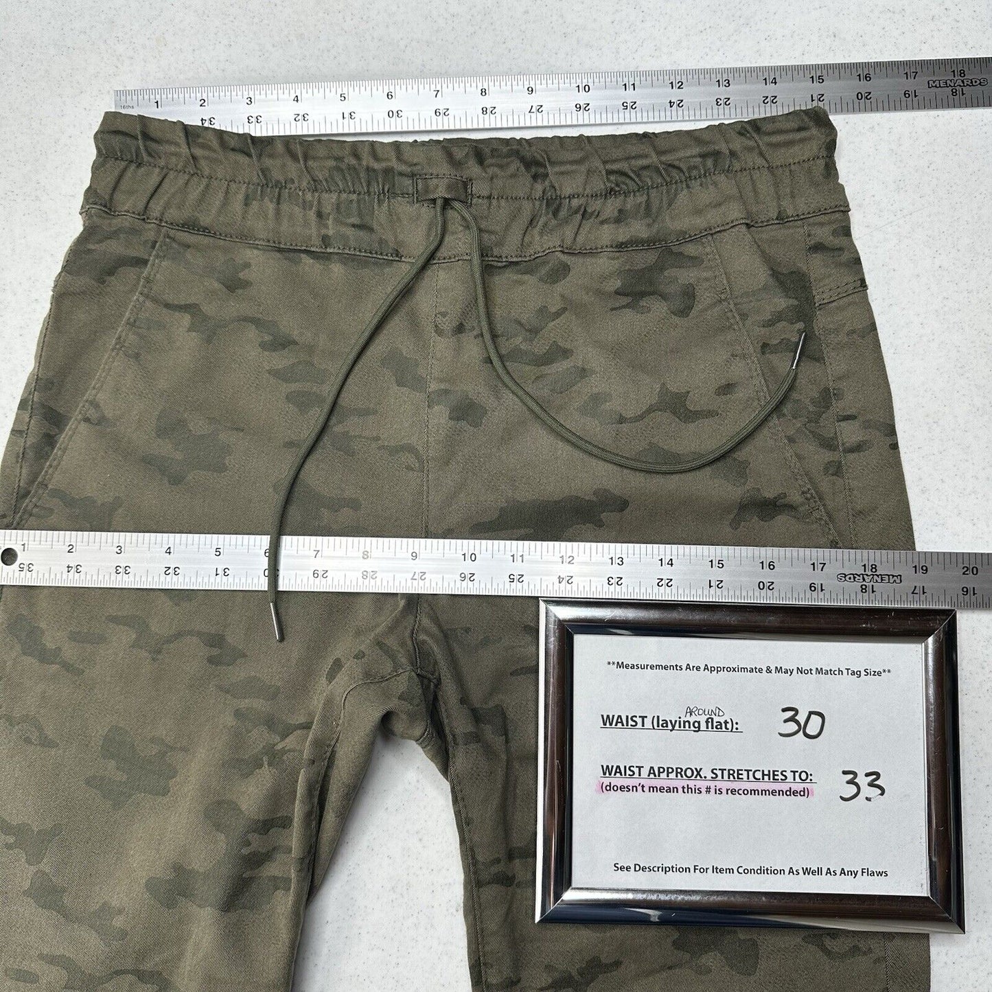 Bevy Flog Pants Womens 29 Shely Green Camoflauge Drawstring Travel Casual EUC