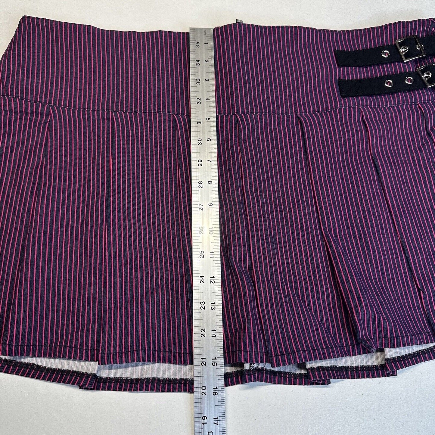 Dolls Kill Current Mood Skirt 2X Pink Blue Stripe Mini Pleated Buckles Goth NEW