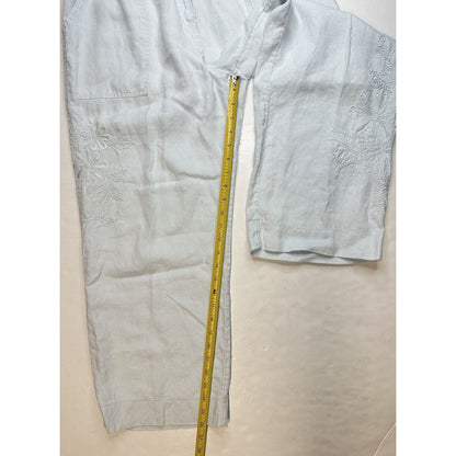J Jill Linen Pants Womens 14 Petite Light Blue Wide Leg Ankle Floral Embroidery