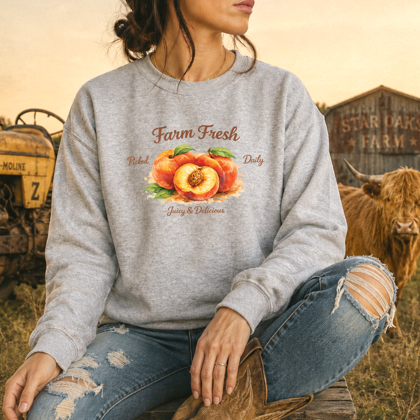 woman wearing gray sweatshirt with peaches graphic that says farm fresh picked daily