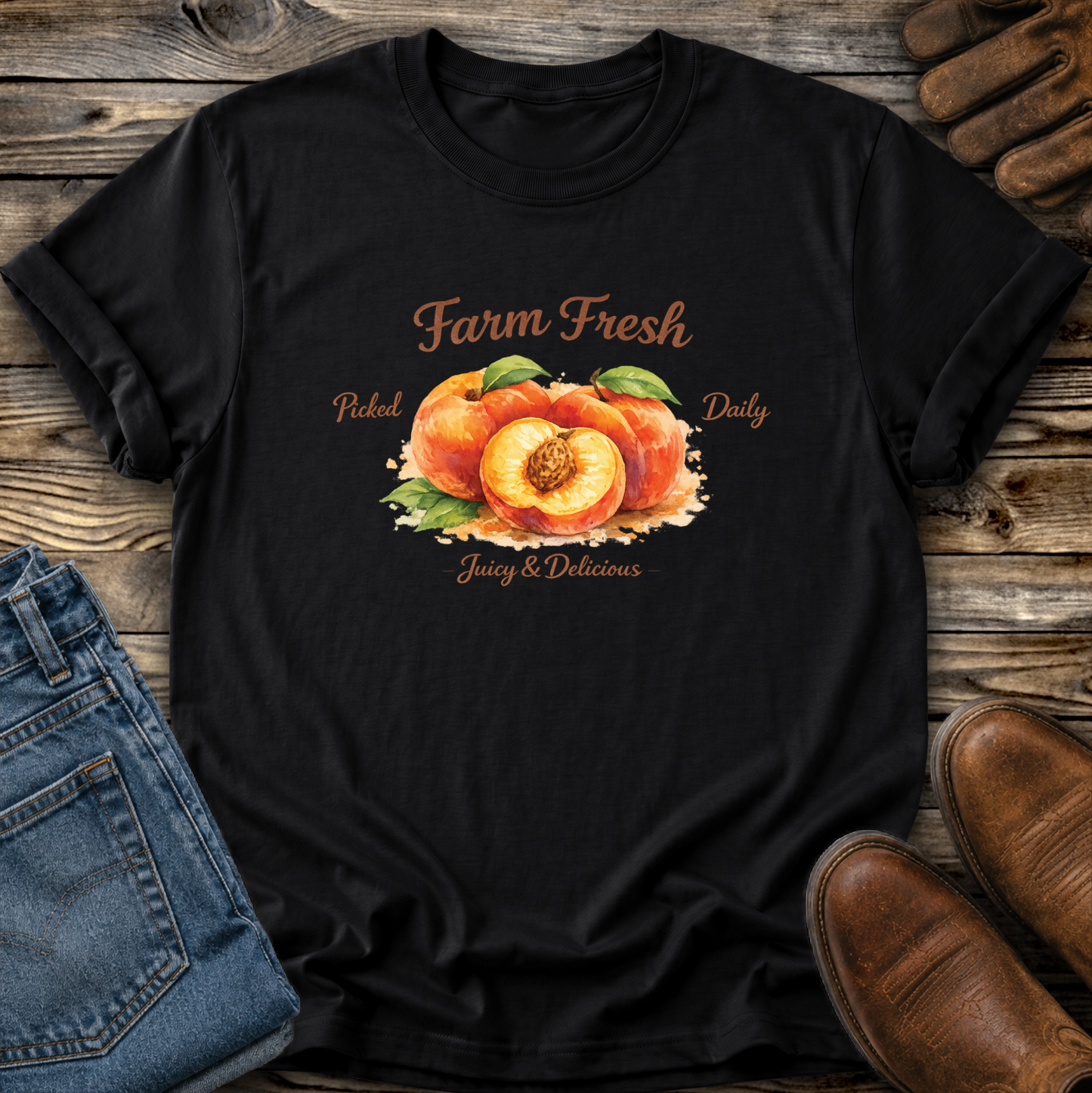 black tshirt with peaches graphic that says farm fresh picked daily