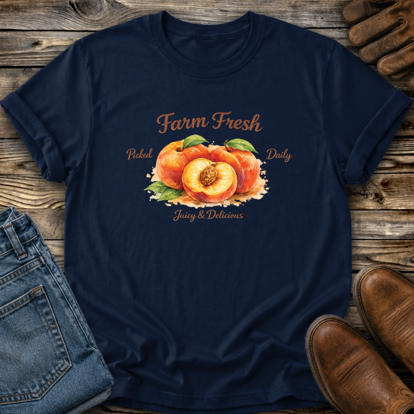 navy tshirt with peaches graphic that says farm fresh picked daily