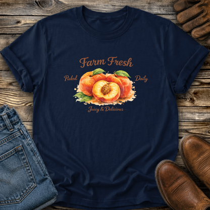 navy tshirt with peaches graphic that says farm fresh picked daily