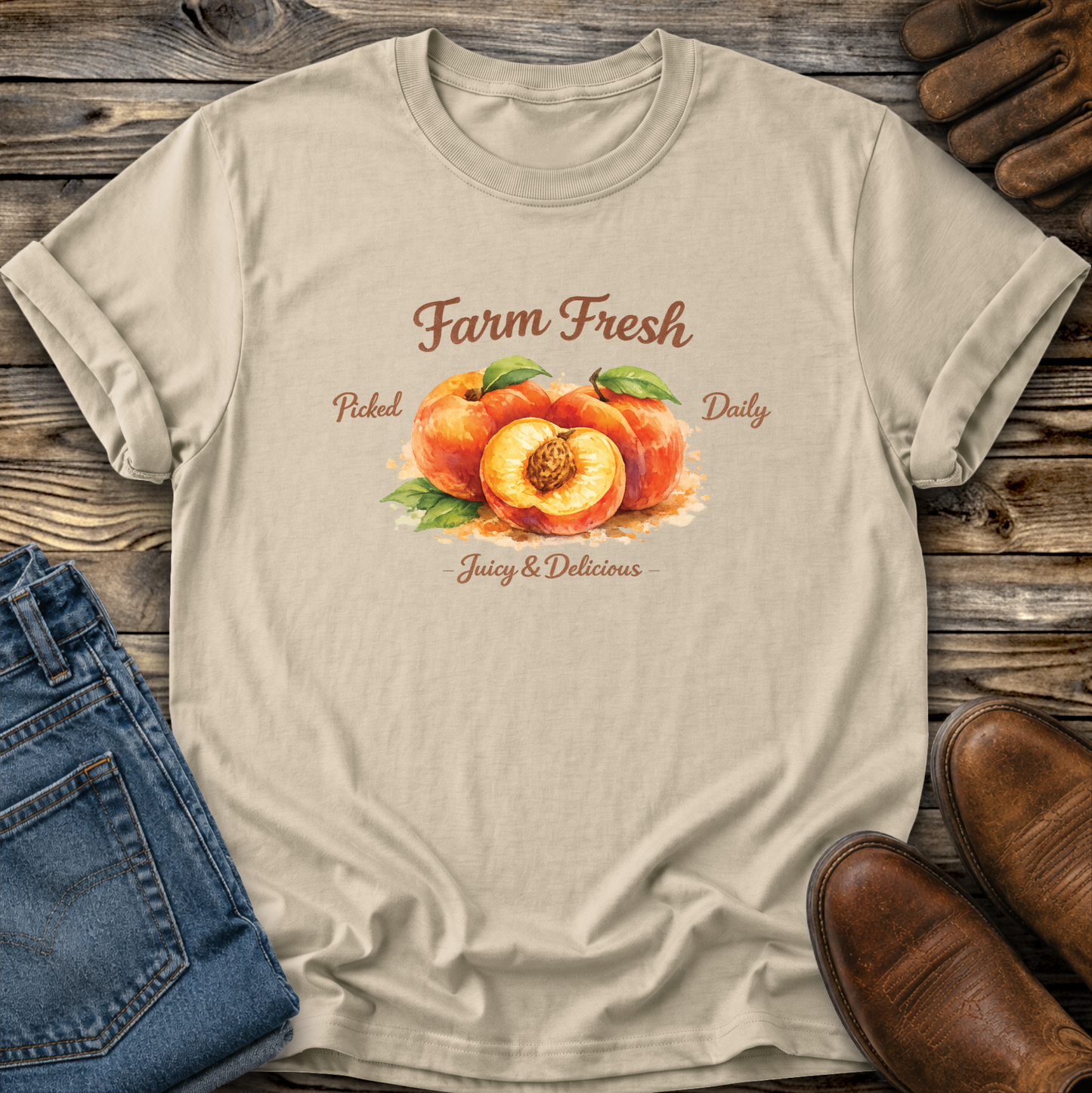 beige tshirt with peaches graphic that says farm fresh picked daily