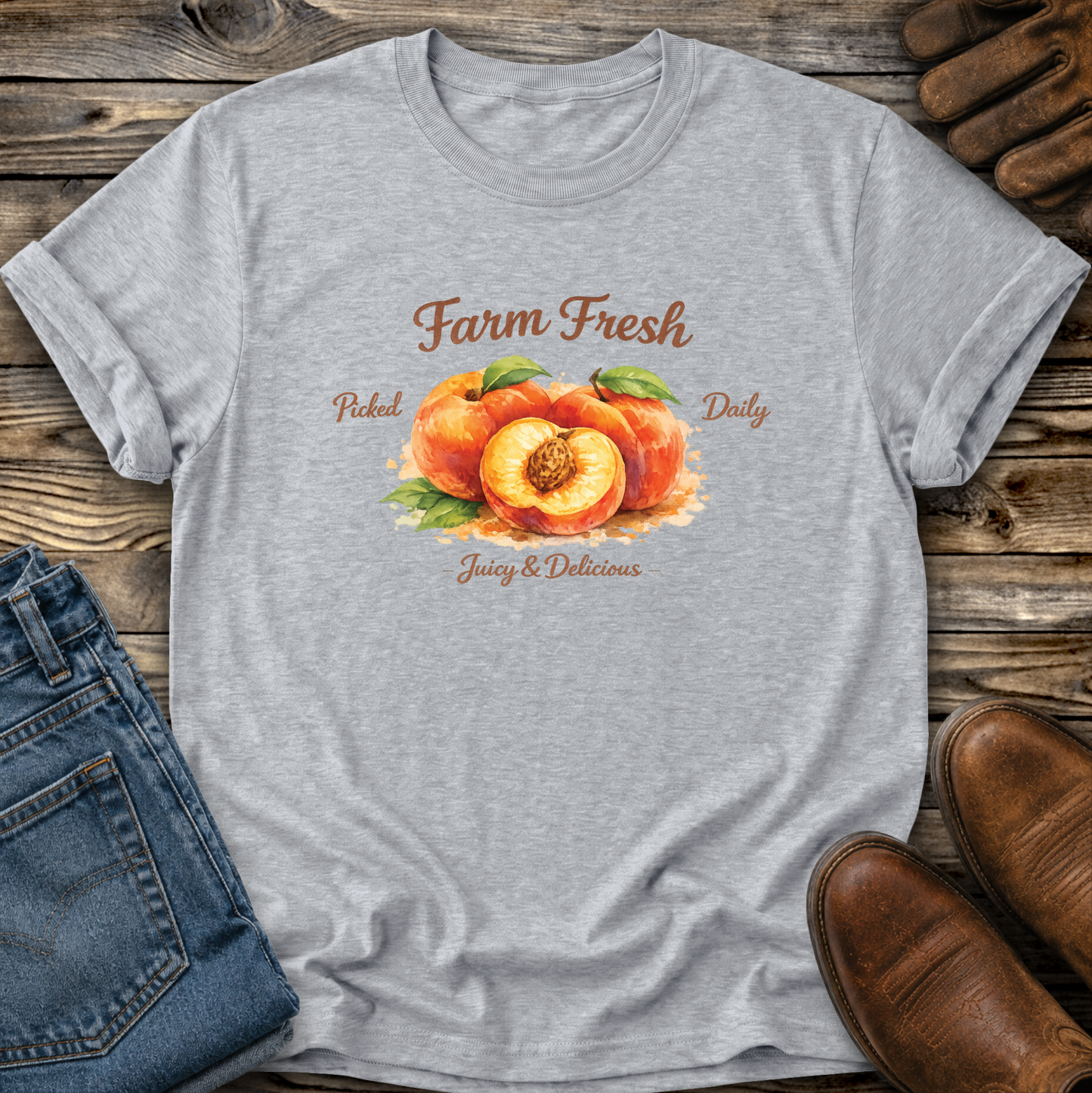 gray tshirt with peaches graphic that says farm fresh picked daily