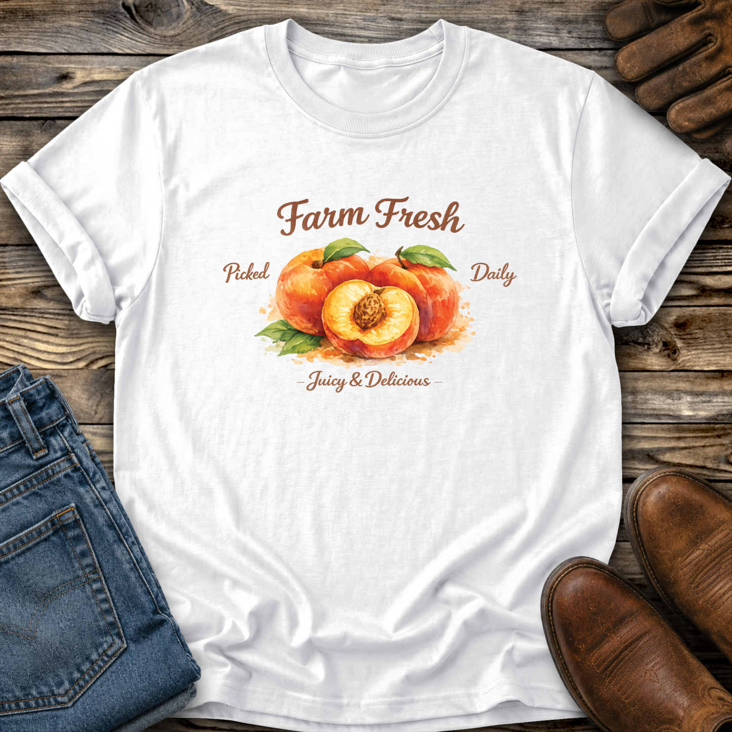 white tshirt with peaches graphic that says farm fresh picked daily