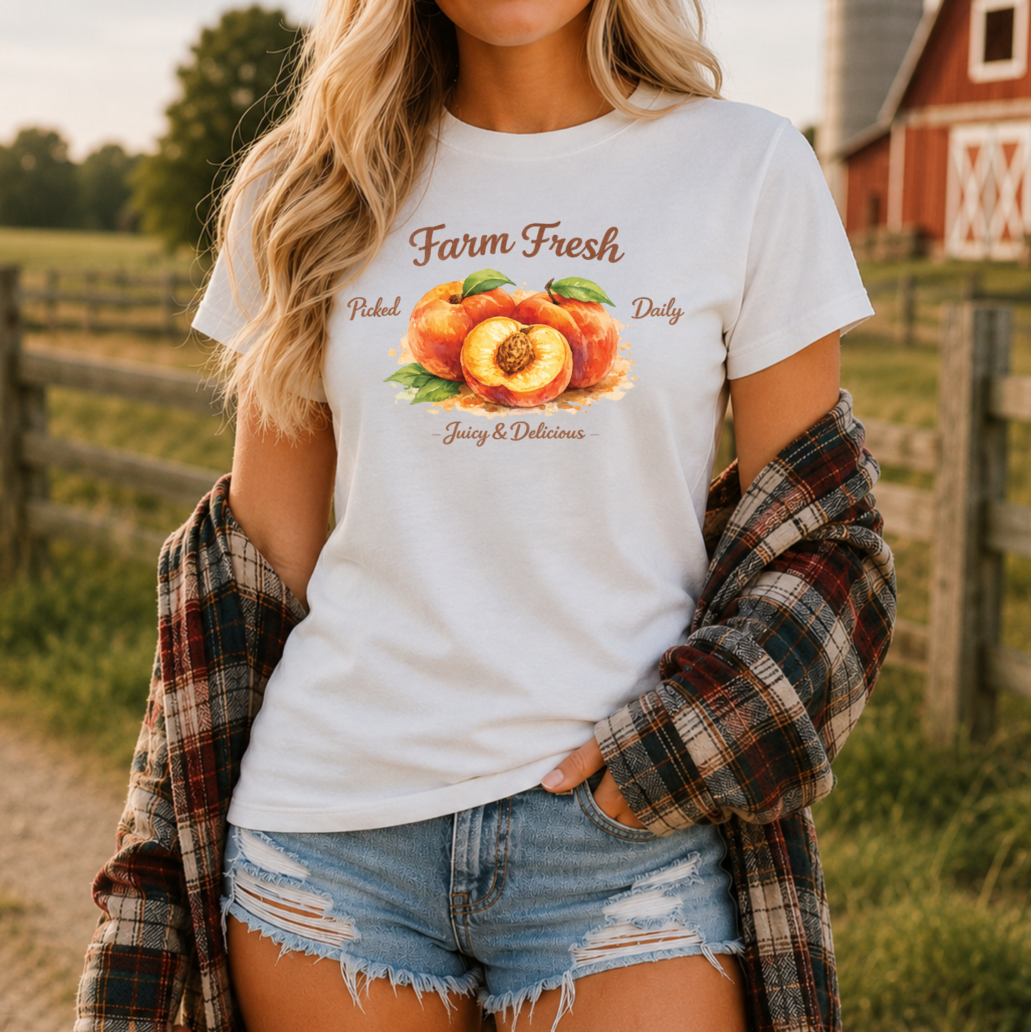 white tshirt with peaches graphic that says farm fresh picked daily