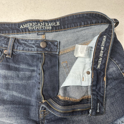 American Eagle Shorts 12 Vintage Hi Rise Festival Shortie Blue Denim Fringe Fray