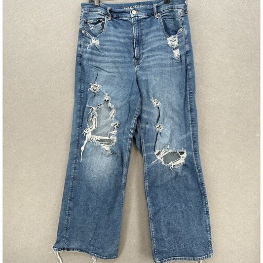 American Eagle Jeans 18 Baggy Straight Curvy Super Hi Rise Denim Distress *Flaw