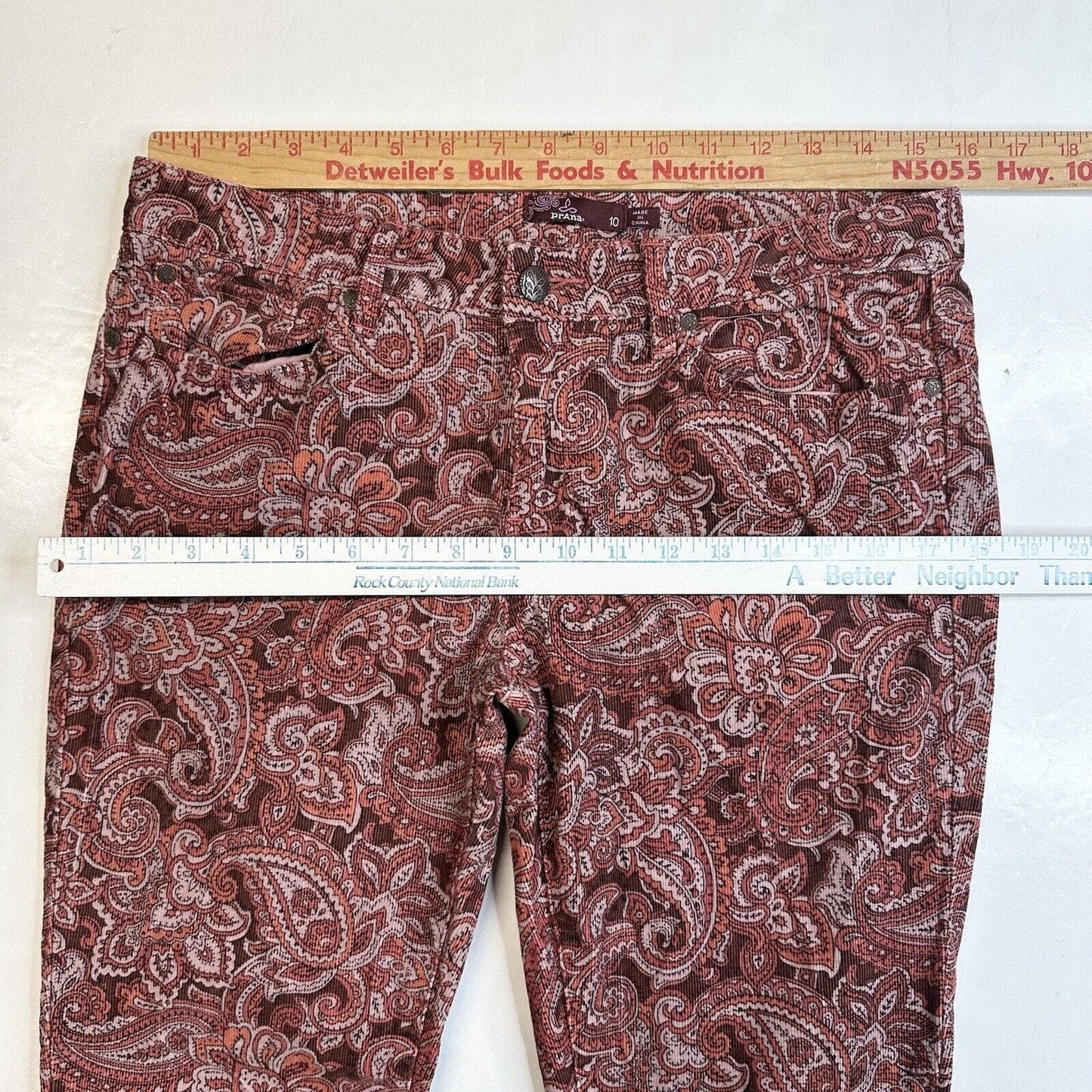 Prana Jeans 10 Womens Corduroy Trinity Skinny Slim Pink Rhubarb Paisley Preppy