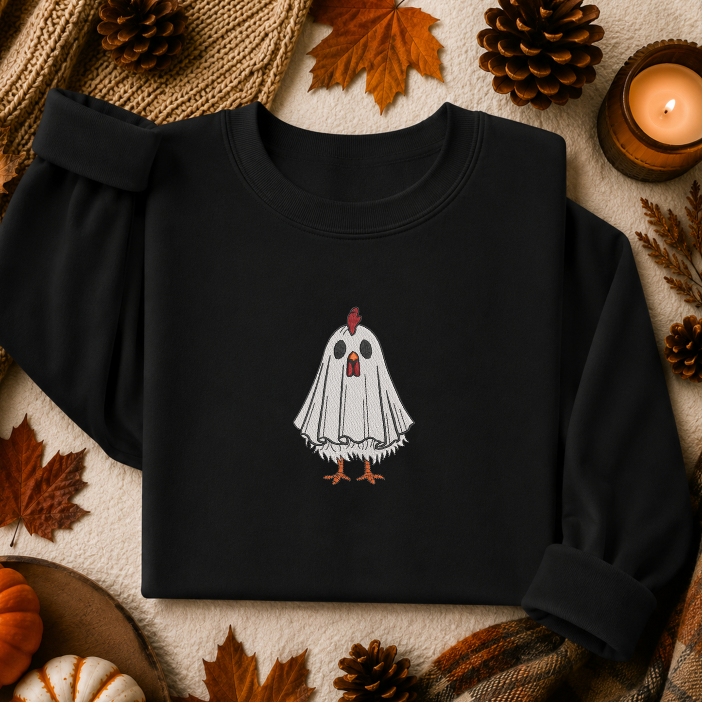 A black long-sleeve sweatshirt laid flat with rolled cuffs, featuring a central graphic of a cartoon chicken in a white ghost costume. The sweatshirt is styled in an autumn flat lay with pinecones, fall leaves, a candle, and small pumpkins on a textured cream background.