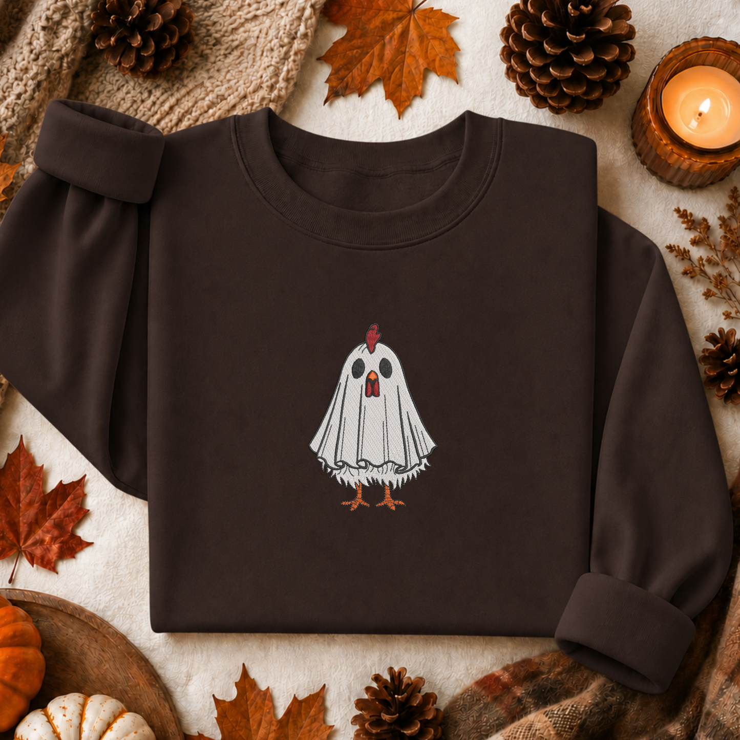 A dark brown crewneck sweatshirt featuring a graphic of a white ghostly chicken with orange details, presented in a cozy autumn flat-lay setting with pinecones, leaves, and a candle.