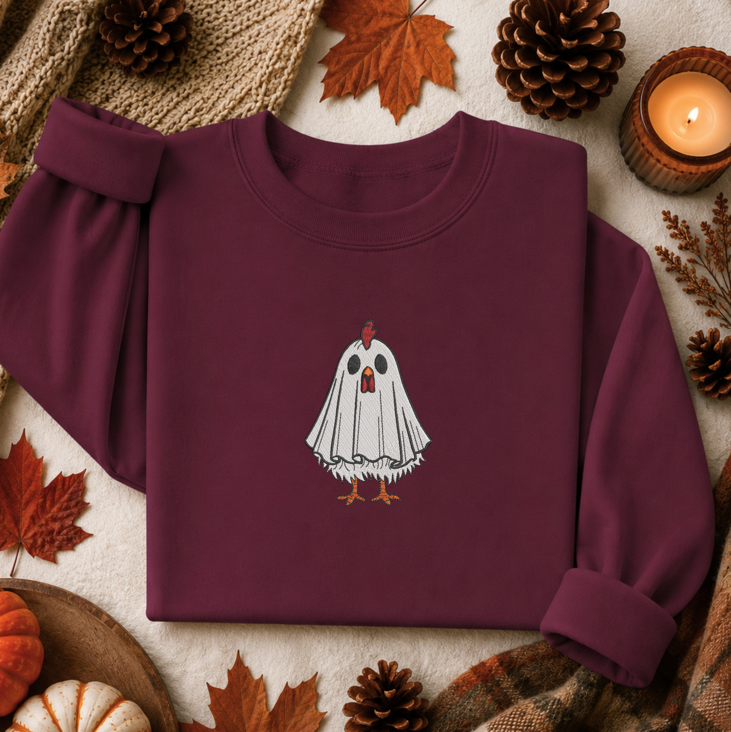 A folded crewneck sweatshirt in deep burgundy, featuring a graphic of a white ghost with a chicken head and orange beak/legs. The sweatshirt is styled in a flat lay with autumn props including pinecones, fall leaves, a candle, and a knit blanket.