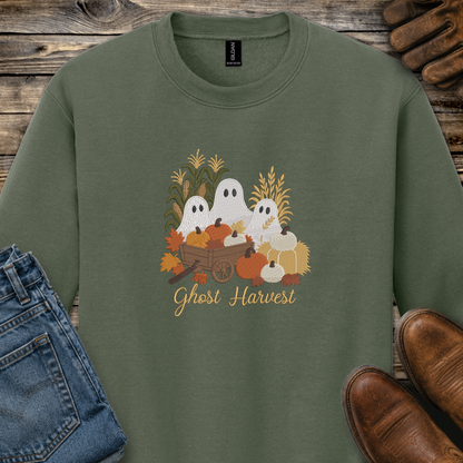 green sweatshirt with a fall season embroidered design of ghosts, pumpkins and leaves.
