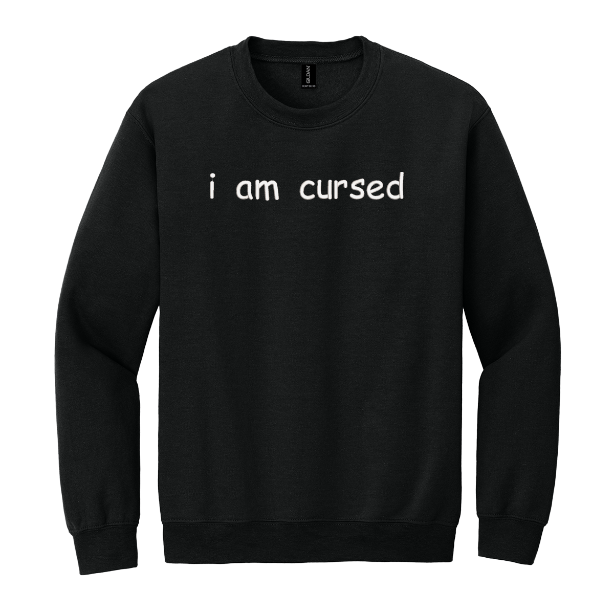Black sweatshirt with 'i am cursed' text on a white background