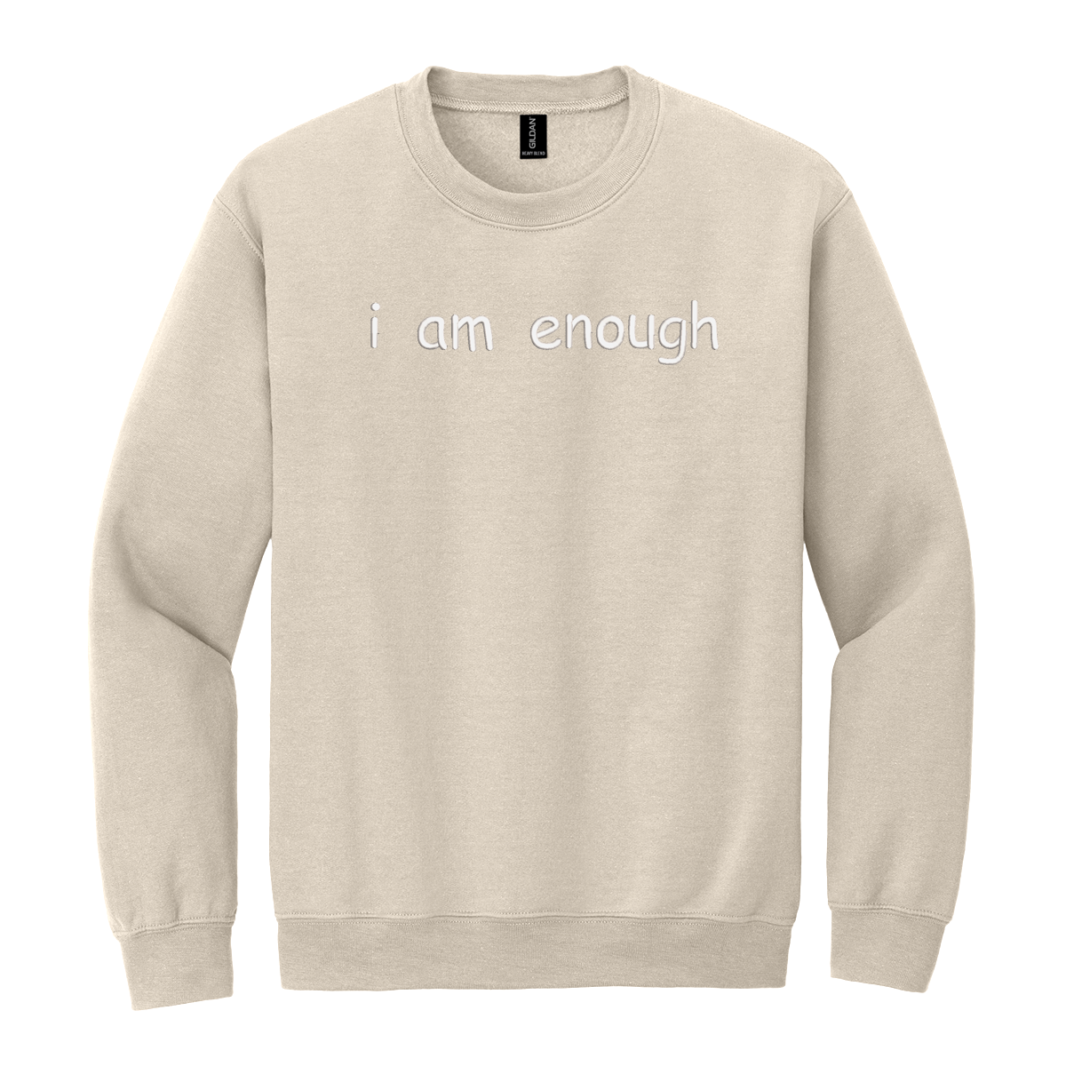 Beige sweatshirt with 'i am enough' text on a white background
