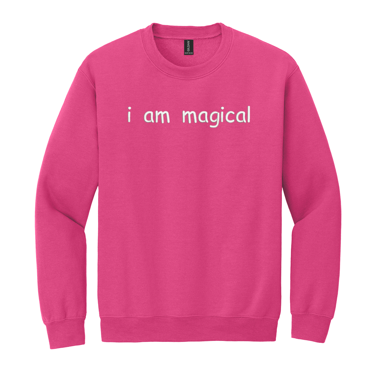 Pink sweatshirt with 'i am magical' text on a white background