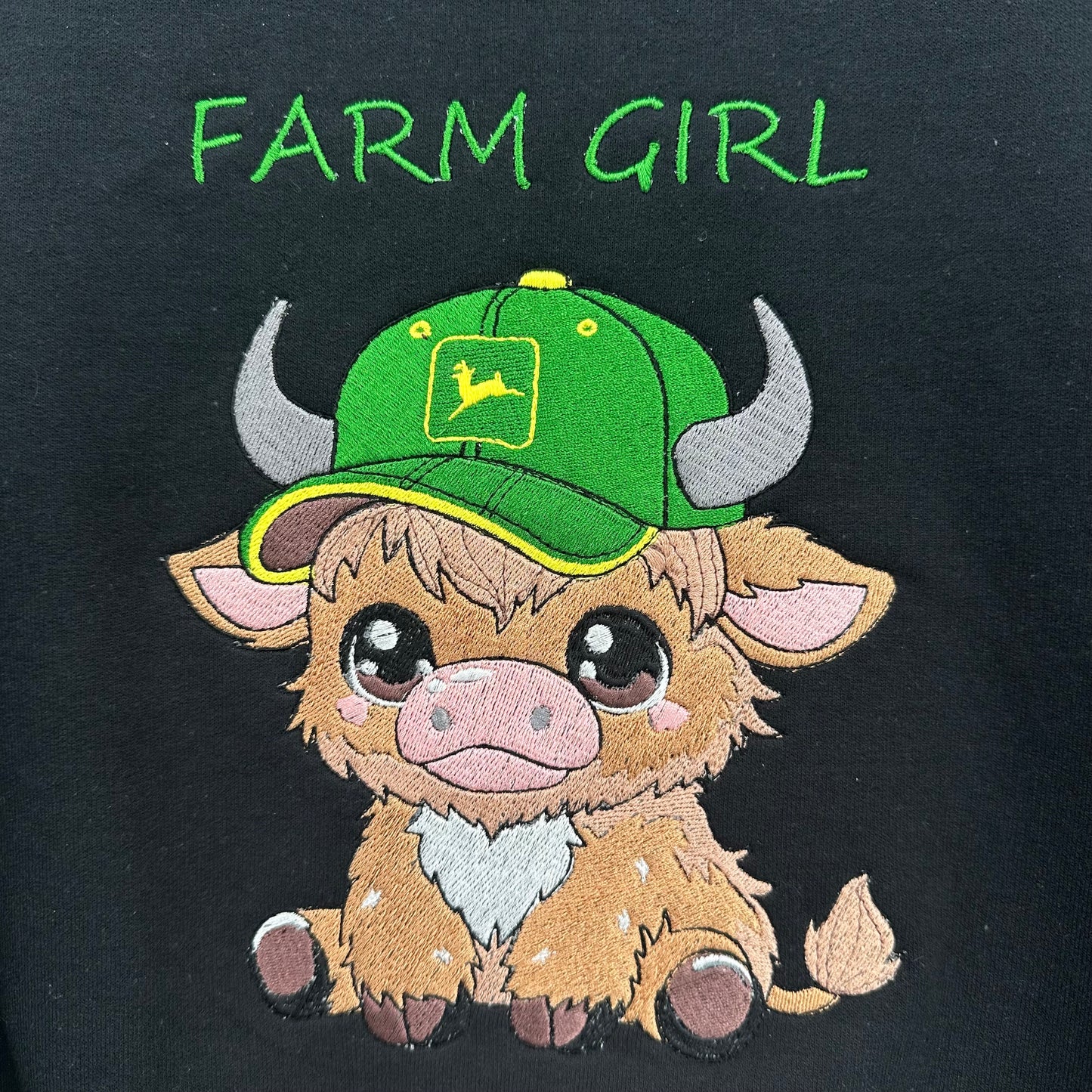 Highland Cow John Deere Farm Girl Embroidered ADULT Hoodie / Crewneck Sweatshirt Unisex