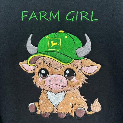 Highland Cow John Deere Farm Girl Embroidered ADULT Hoodie / Crewneck Sweatshirt Unisex