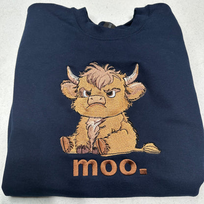 Grumpy Highland Cow Embroidered ADULT Hoodie / Crewneck Sweatshirt Unisex Farm Animal