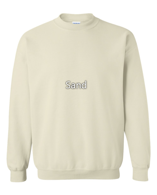 A light beige crewneck sweatshirt with the word 'Sand' printed in gray text with a white outline on the chest, displayed against a plain white background.