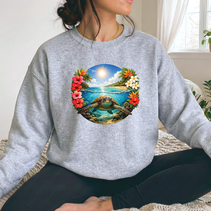 woman wearing a gray sweatshirt with a sea turtle underwater in the ocean with tropical flowers graphic