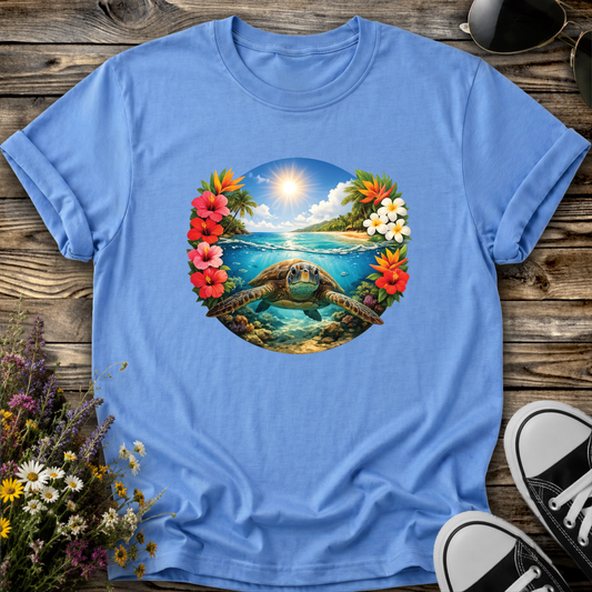blue tshirt with a sea turtle underwater in the ocean with tropical flowers graphic