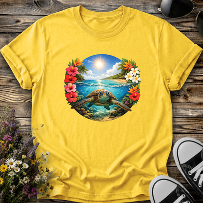 yellow tshirt with a sea turtle underwater in the ocean with tropical flowers graphic