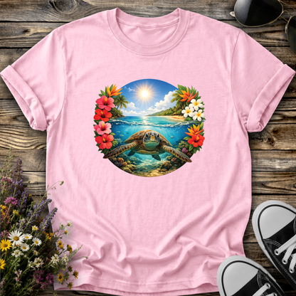 pink tshirt with a sea turtle underwater in the ocean with tropical flowers graphic