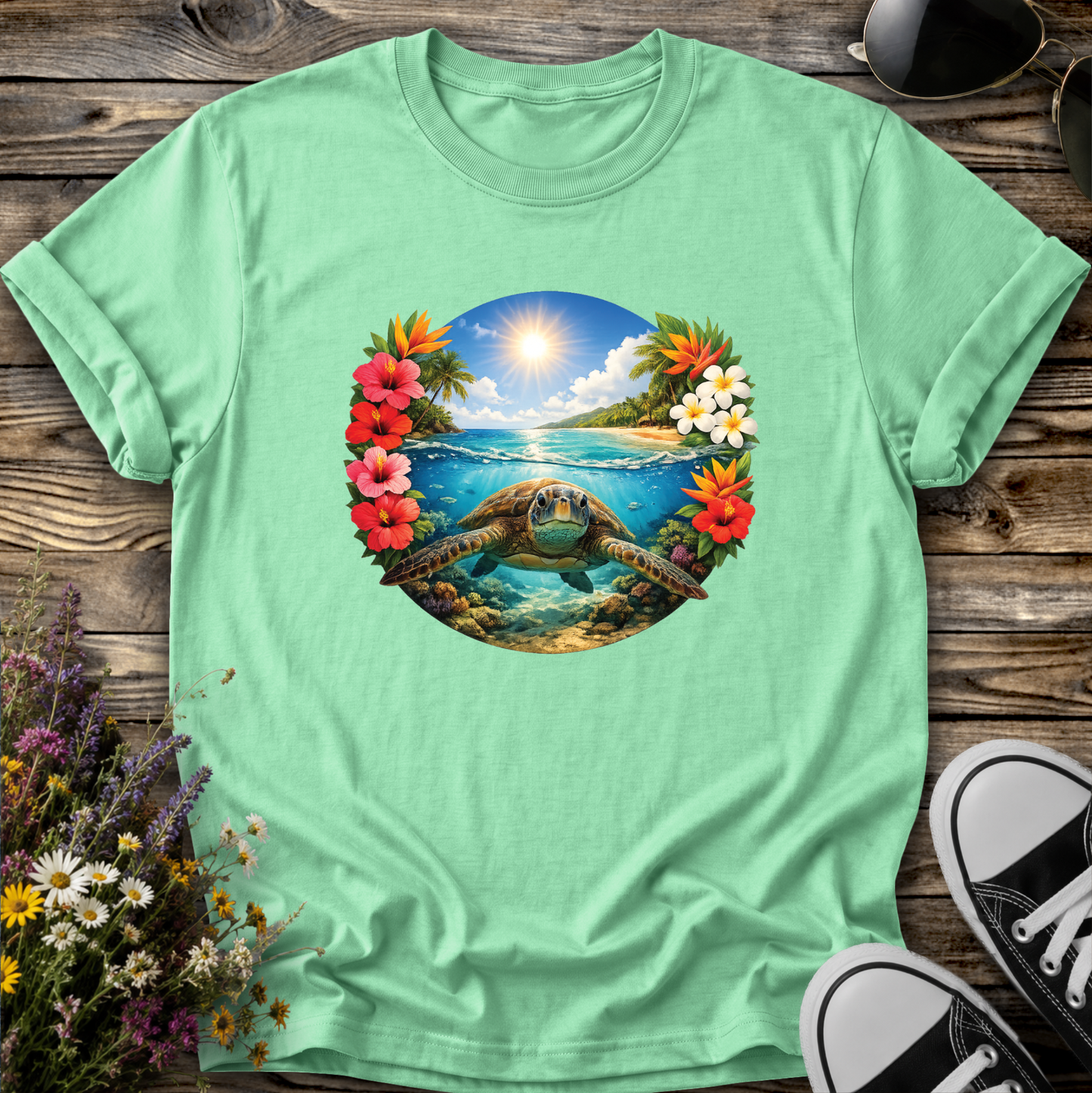green tshirt with a sea turtle underwater in the ocean with tropical flowers graphic