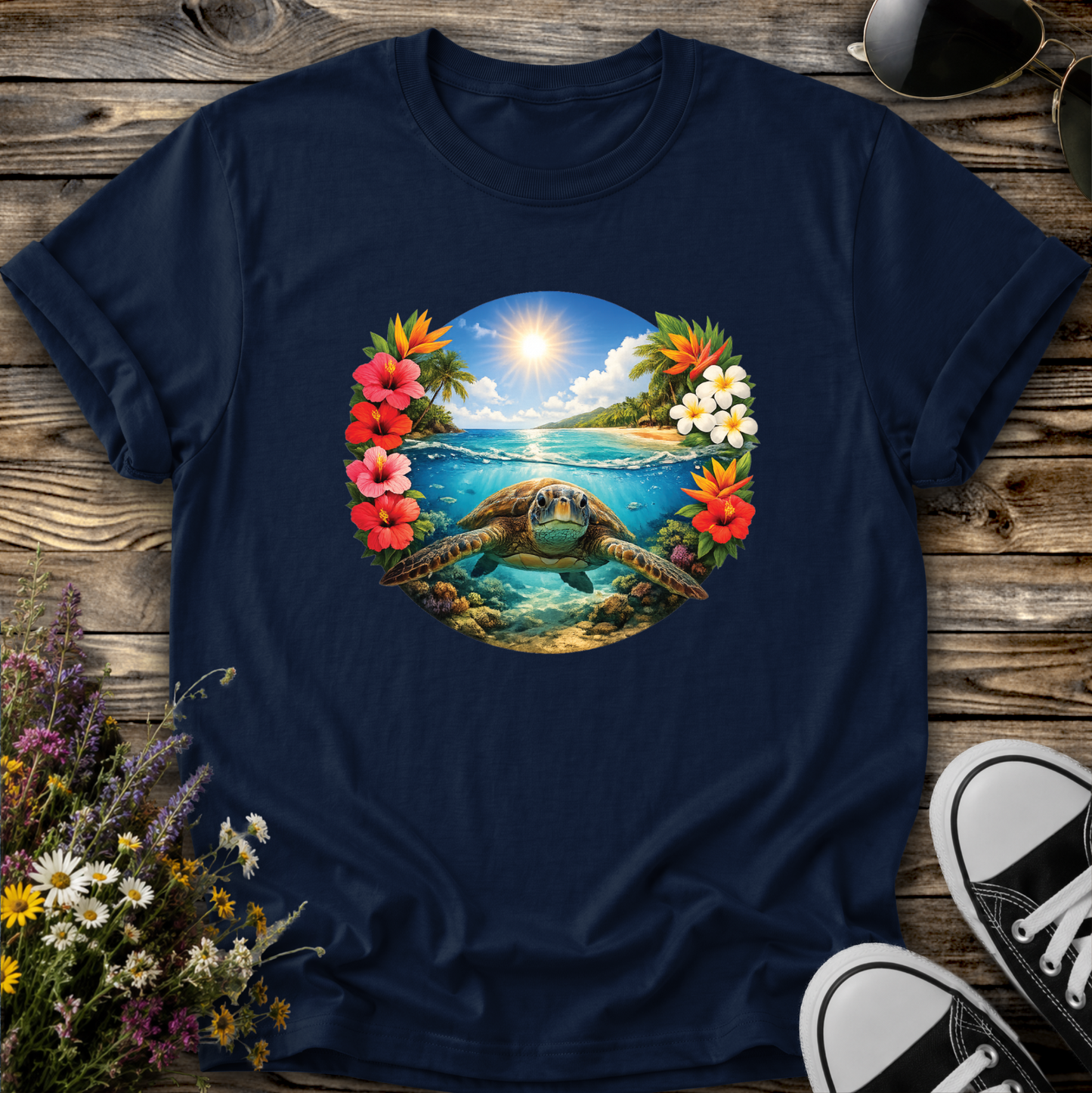 blue tshirt with a sea turtle underwater in the ocean with tropical flowers graphic
