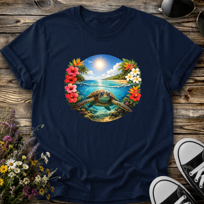 blue tshirt with a sea turtle underwater in the ocean with tropical flowers graphic