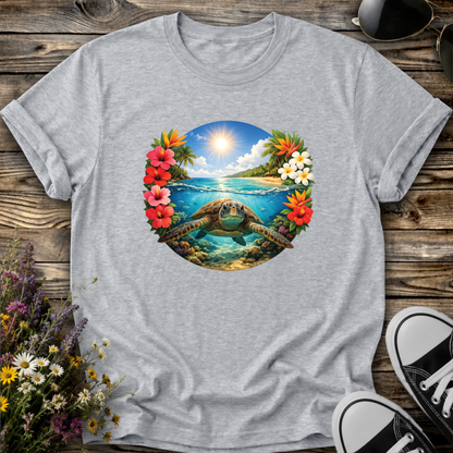 gray tshirt with a sea turtle underwater in the ocean with tropical flowers graphic