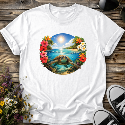 white tshirt with a sea turtle underwater in the ocean with tropical flowers graphic