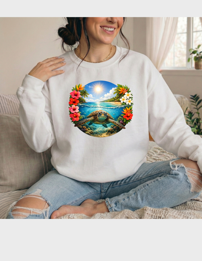 Sea Turtle Graphic Tee T-shirt or Sweatshirt ADULT Unisex Hoodie / Crewneck Ocean Underwater Tropical Floral Colorful Beach Summer Vibes Gift