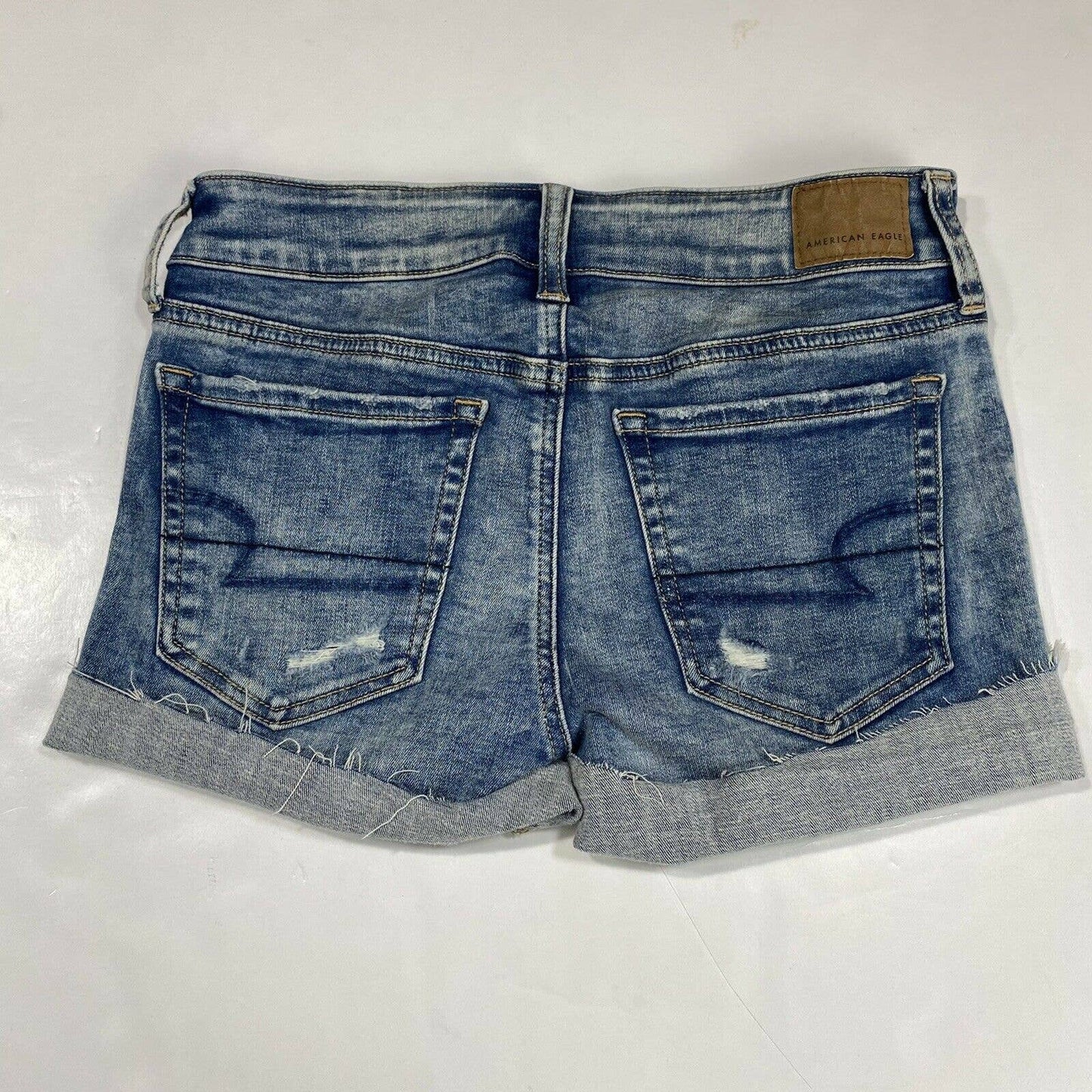 American Eagle Shorts Sz 2 Womens Next Level Stretch Denim Jean Raw Hem Holes