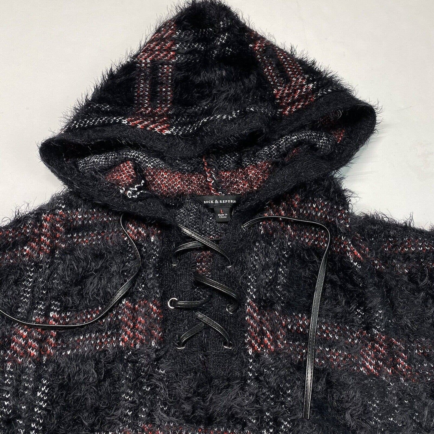 Rock & Republic Furry Hooded Sweater Sz Large Black Plaid Soft Fuzzy Hoodie NEW