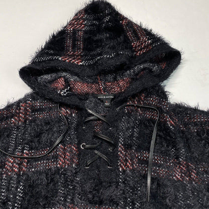 Rock & Republic Furry Hooded Sweater Sz Large Black Plaid Soft Fuzzy Hoodie NEW