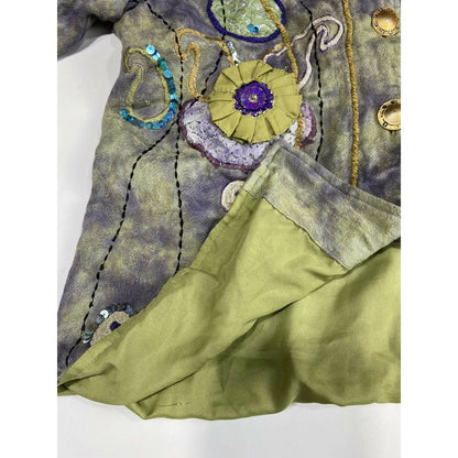 Indigo Moon Jacket Sz Small ART TO WEAR Sequins Flowers Embroidered Green/Purple