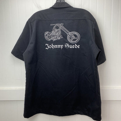 Johnny Suede Button Up Shirt Mens L Black Embroidered Motorcycle Biker USA EUC