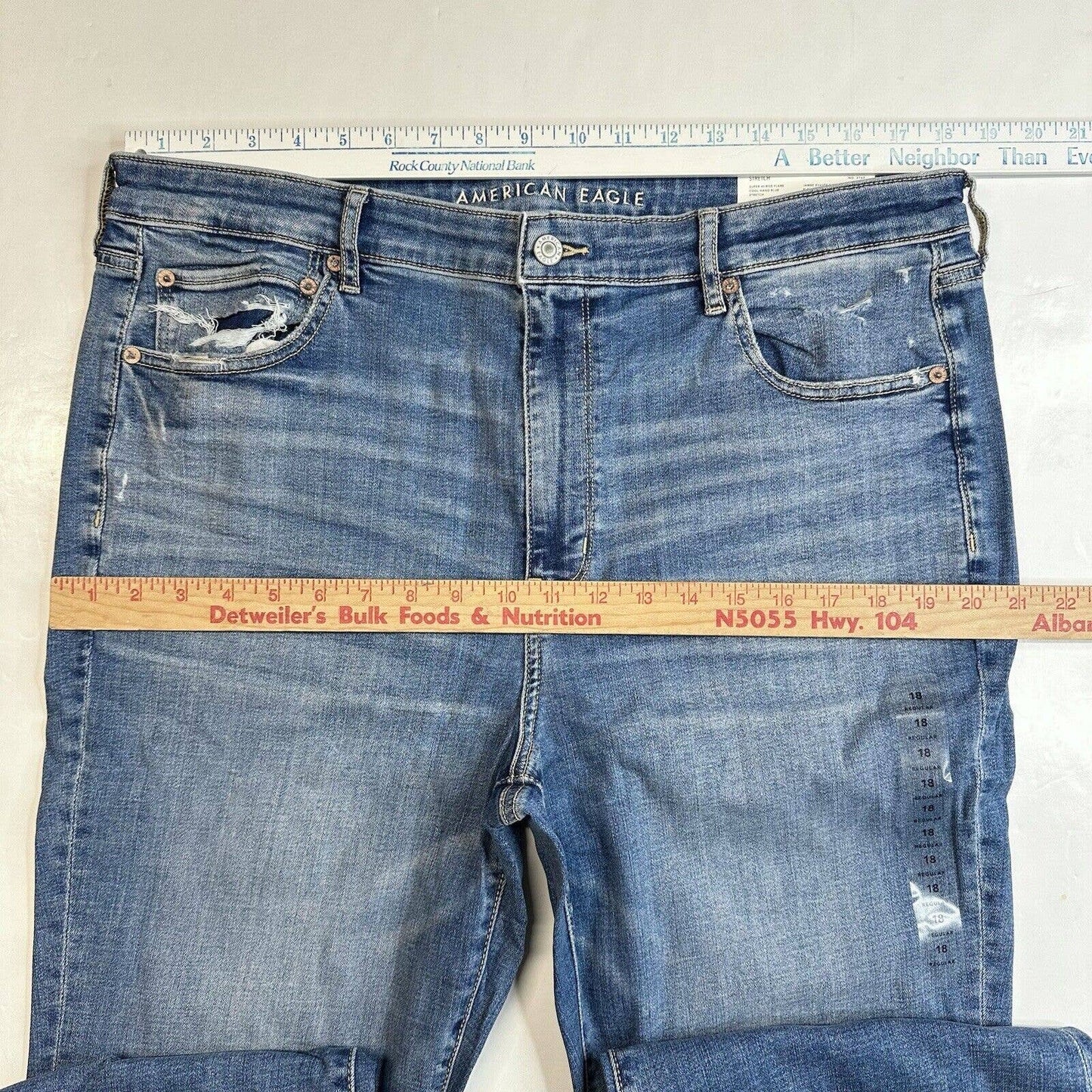 American Eagle Super Hi-Rise Flare Jeans 18 Stretch Blue Denim Distressed NEW