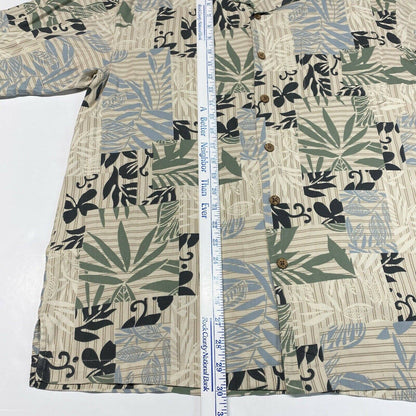 Island Blue Hawaiian Silk Blend Button Up Shirt Sz Large Beige Short Sleeve