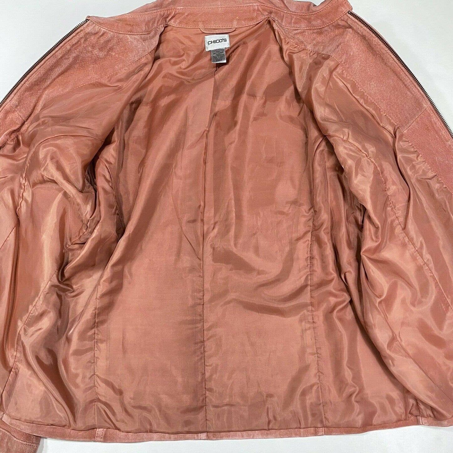 Chicos Suede 100% Leather Jacket Sz 2 (Large) Womens Coral Pink Peach Lined Coat