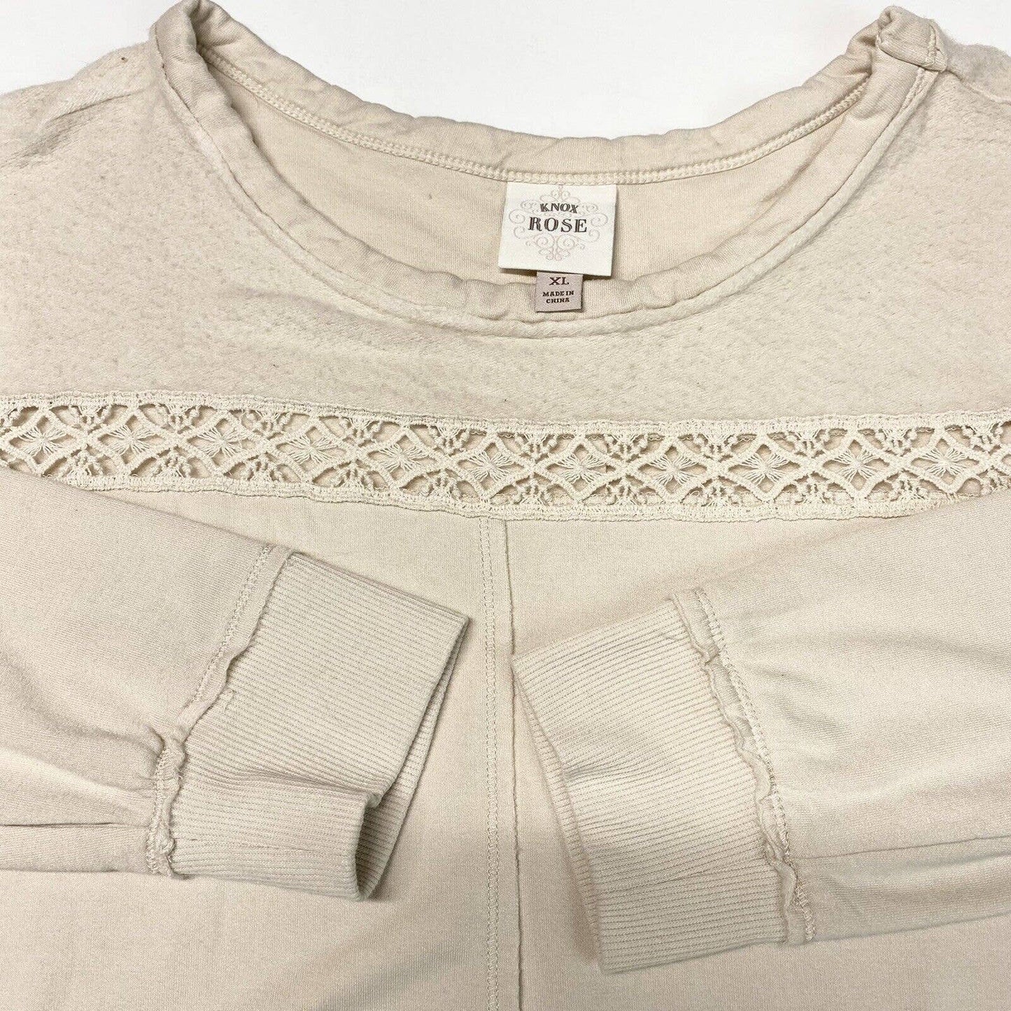 Knox Rose Sweatshirt XL Beige Stretchy Knit Casual Long Sleeve Top Exposed Seams