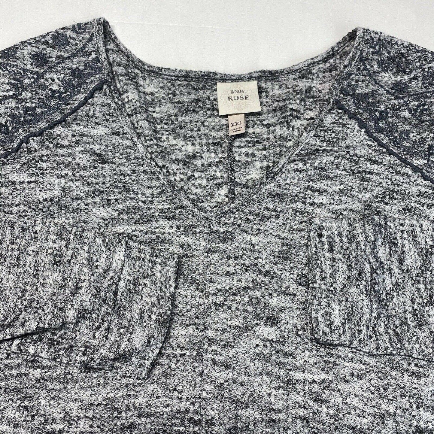 Knox Rose V-Neck Waffle Knit Top XXL Gray Long Sleeve Soft Stretchy Shirt EUC