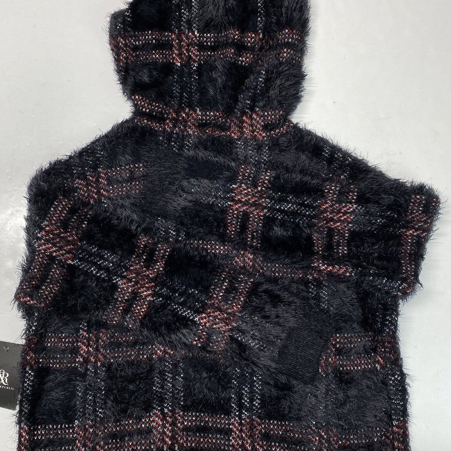 Rock & Republic Furry Hooded Sweater Sz Large Black Plaid Soft Fuzzy Hoodie NEW