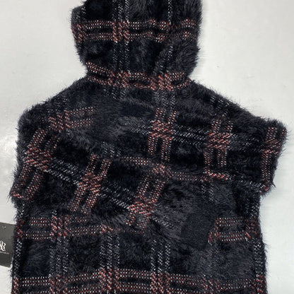Rock & Republic Furry Hooded Sweater Sz Large Black Plaid Soft Fuzzy Hoodie NEW